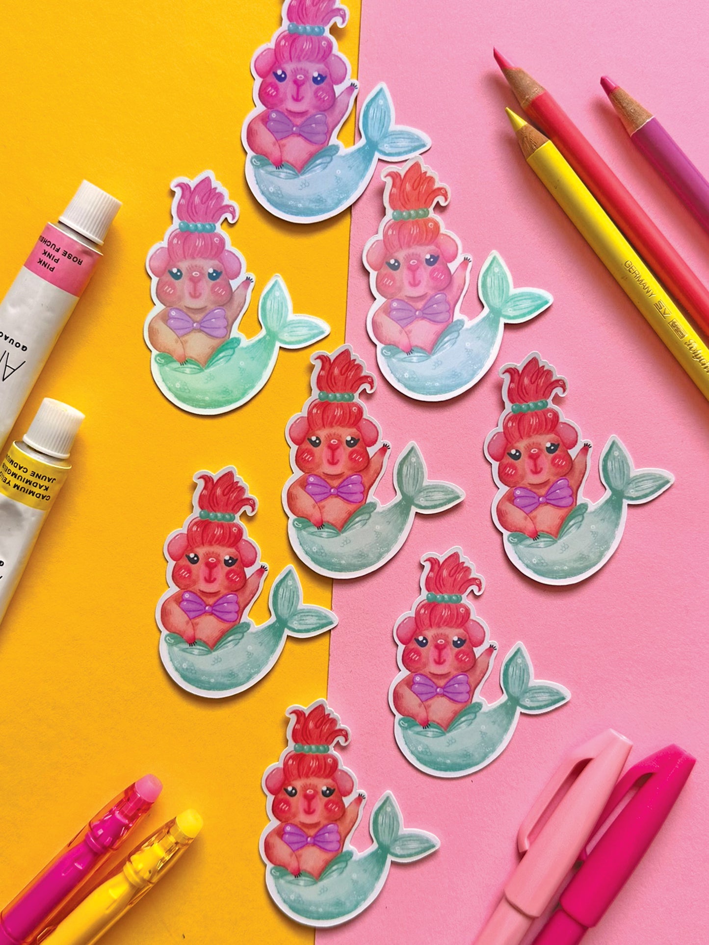 Mermaid Guinea Pig Holographic Sticker, Kawaii Art Illustration, Cute Stationery Decor