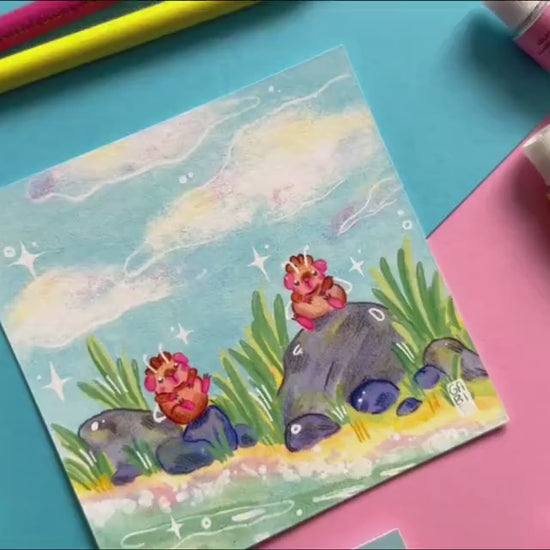 Relaxing at the Beach | Square Art Print | Hand Drawn Illustration, Home decor, cute, cozy, animal, guinea pig, floral art