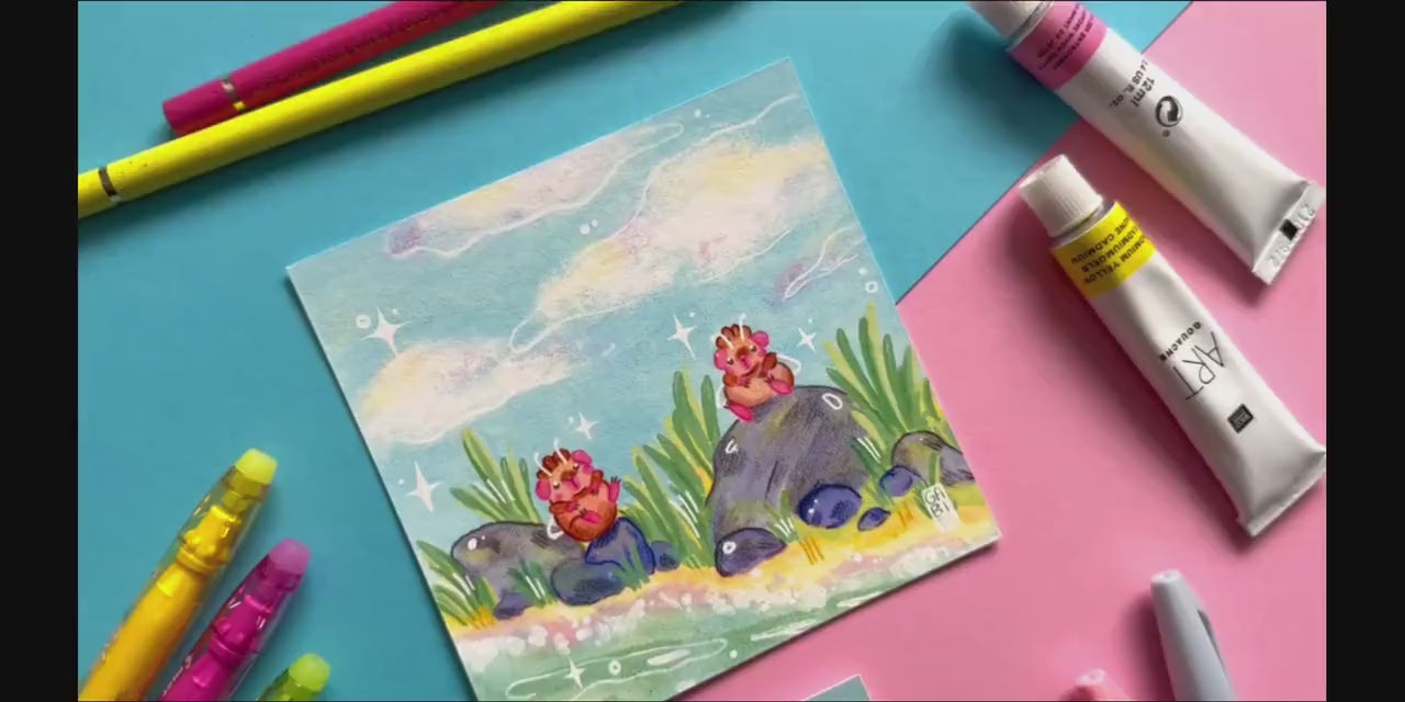 Relaxing at the Beach | Square Art Print | Hand Drawn Illustration, Home decor, cute, cozy, animal, guinea pig, floral art