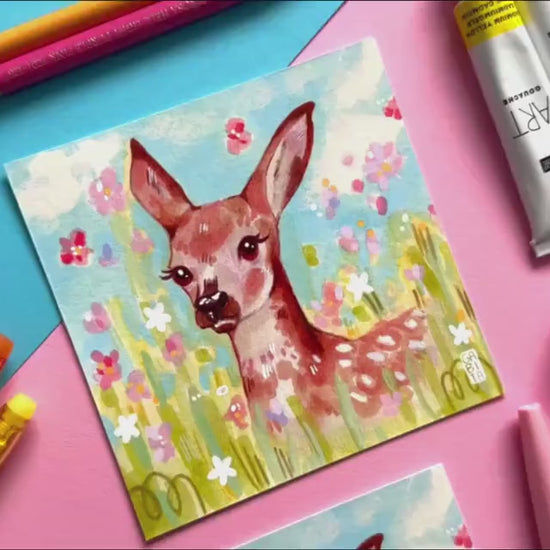 Cute Fawn in a Flower Meadow | Square Art Print | Hand Drawn Illustration, Home decor, cute, cozy, animal, floral art