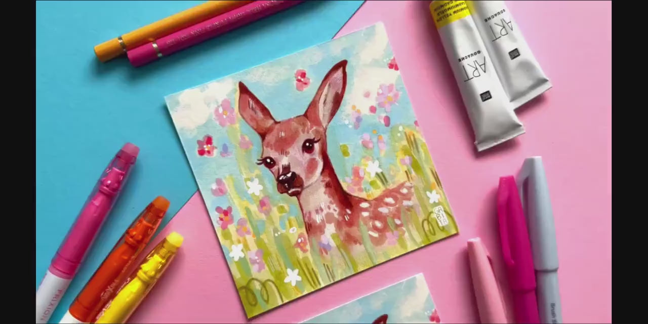 Cute Fawn in a Flower Meadow | Square Art Print | Hand Drawn Illustration, Home decor, cute, cozy, animal, floral art