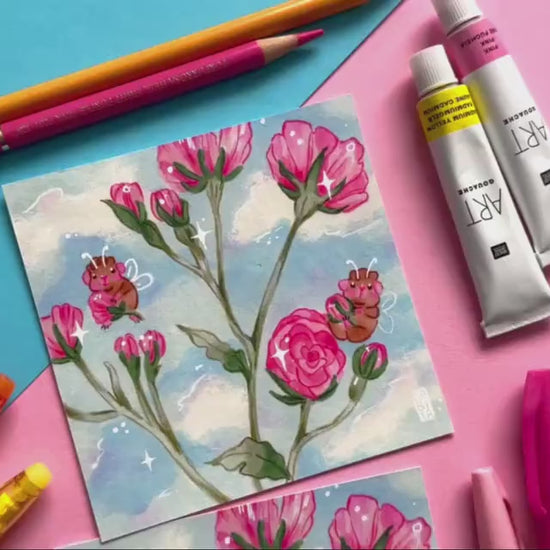 Rose Buds & Piggies | Square Art Print | Hand Drawn Illustration, Home decor, cute, cozy, animal, guinea pig, floral art