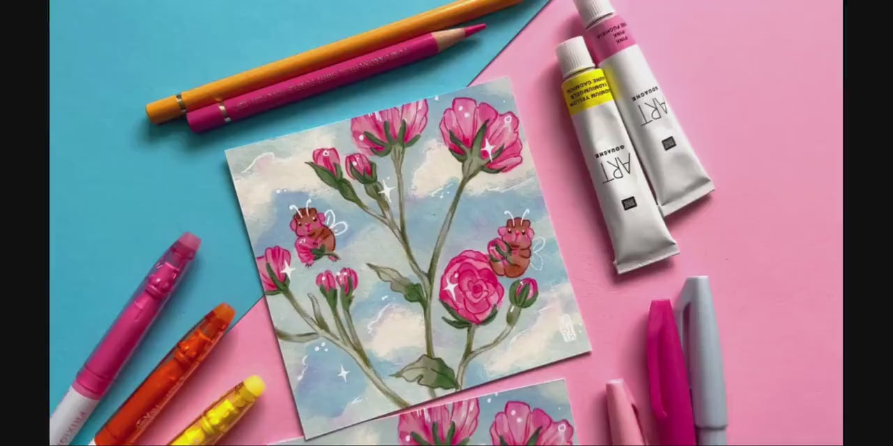 Rose Buds & Piggies | Square Art Print | Hand Drawn Illustration, Home decor, cute, cozy, animal, guinea pig, floral art