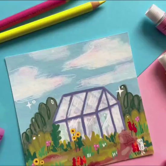 Little Greenhouse | Square Art Print | Hand Drawn Illustration, Home decor, cute, cozy, floral art