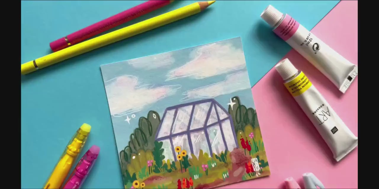 Little Greenhouse | Square Art Print | Hand Drawn Illustration, Home decor, cute, cozy, floral art