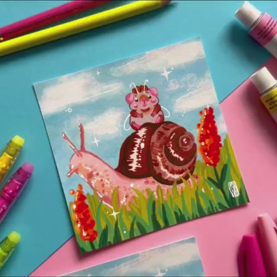 Take it slow | Fairy Pig | Square Art Print | Hand Drawn Illustration, Home decor, cute, cozy, animal, guinea pig, floral art