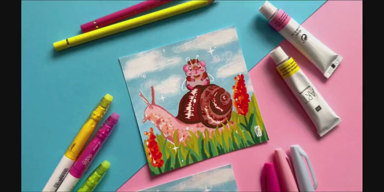 Take it slow | Fairy Pig | Square Art Print | Hand Drawn Illustration, Home decor, cute, cozy, animal, guinea pig, floral art