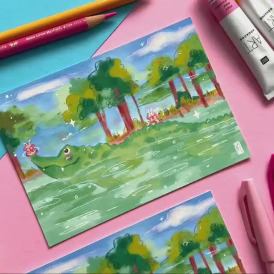 Let's be Friends | Fairy Pig | Crocodile | Art Print | Hand Drawn Illustration, Home decor, cute, cozy, animal, guinea pig