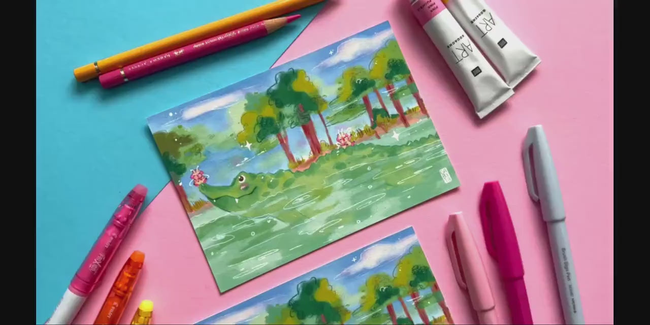 Let's be Friends | Fairy Pig | Crocodile | Art Print | Hand Drawn Illustration, Home decor, cute, cozy, animal, guinea pig