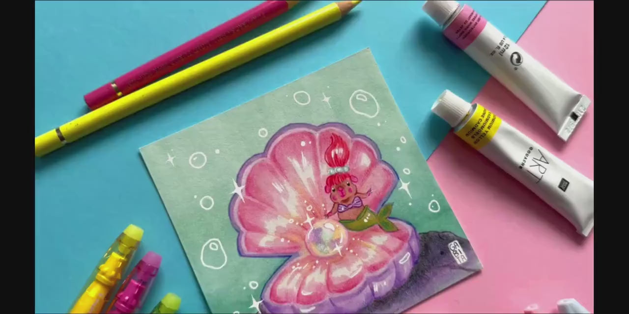 My precious Pearl | Mermaid | Square Art Print | Hand Drawn Illustration, Home decor, cute, cozy, animal, guinea pig