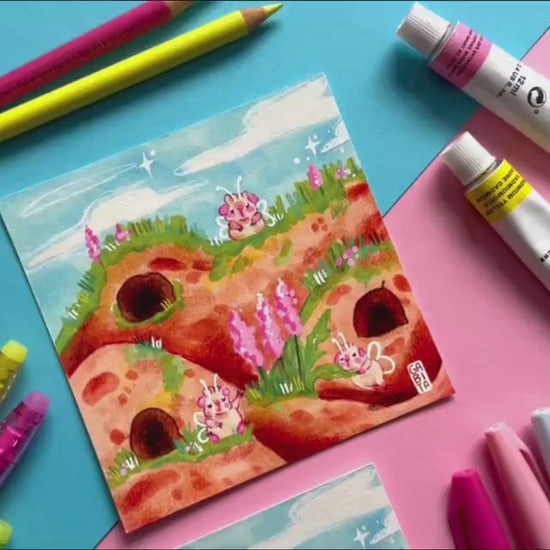 Village of Fairy Pigs | Square Art Print | Hand Drawn Illustration, Home decor, cute, cozy, animal, guinea pig, floral art