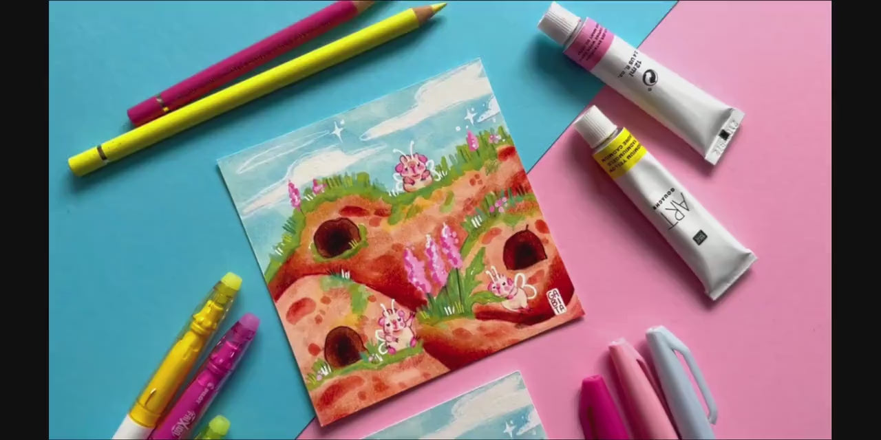 Village of Fairy Pigs | Square Art Print | Hand Drawn Illustration, Home decor, cute, cozy, animal, guinea pig, floral art