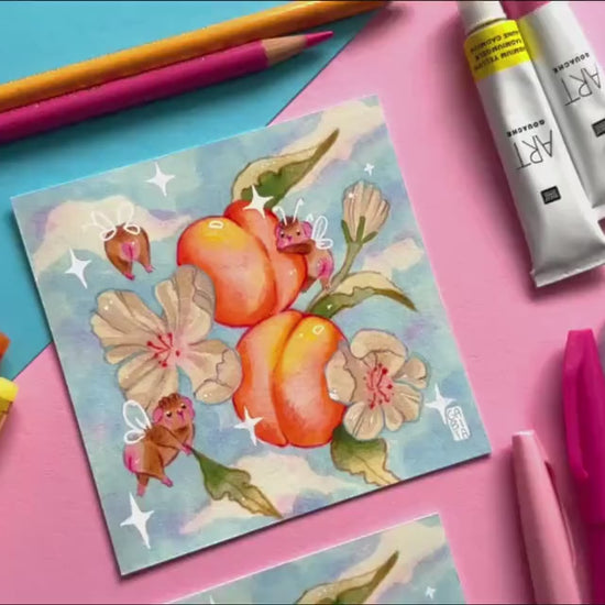 Cheeky Apricots | Square Art Print | Hand Drawn Illustration, Home decor, cute, cozy, animal, guinea pig, floral art, fruit art