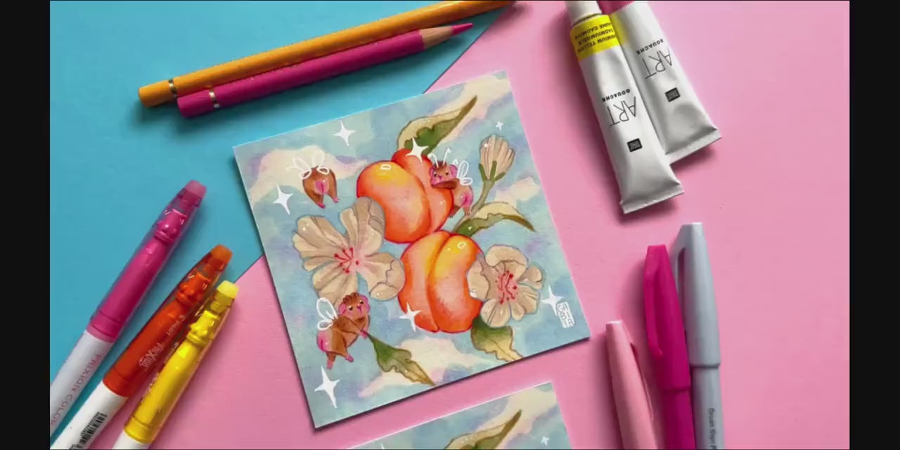 Cheeky Apricots | Square Art Print | Hand Drawn Illustration, Home decor, cute, cozy, animal, guinea pig, floral art, fruit art