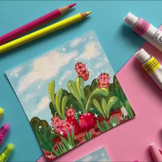 Yummy Radishes | Square Art Print | Hand Drawn Illustration, Home decor, cute, cozy, animal, guinea pig, floral art