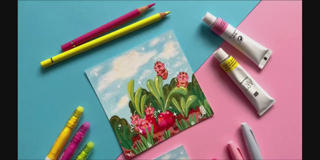 Yummy Radishes | Square Art Print | Hand Drawn Illustration, Home decor, cute, cozy, animal, guinea pig, floral art