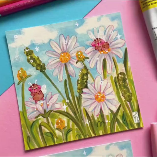 Daisy Meadow & Fairy Pigs | Square Art Print | Hand Drawn Illustration, Home decor, cute, cozy, animal, guinea pig, floral art