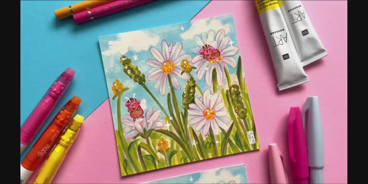 Daisy Meadow & Fairy Pigs | Square Art Print | Hand Drawn Illustration, Home decor, cute, cozy, animal, guinea pig, floral art