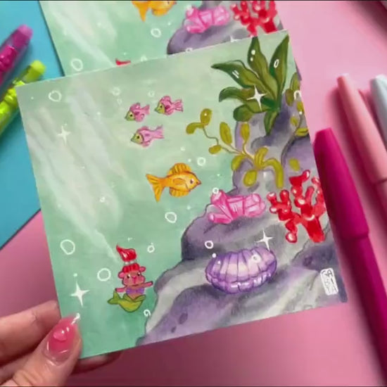 Under the Sea | Mermaid | Square Art Print | Hand Drawn Illustration, Home decor, cute, cozy, animal, guinea pig