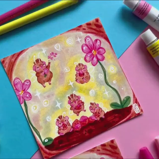 Let's have a Party | Square Art Print | Hand Drawn Illustration, Home decor, cute, cozy, animal, guinea pig, floral art