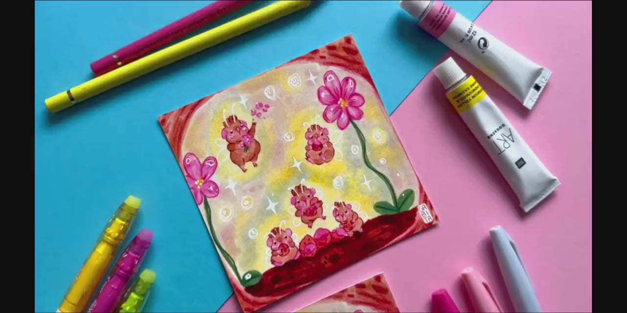 Let's have a Party | Square Art Print | Hand Drawn Illustration, Home decor, cute, cozy, animal, guinea pig, floral art