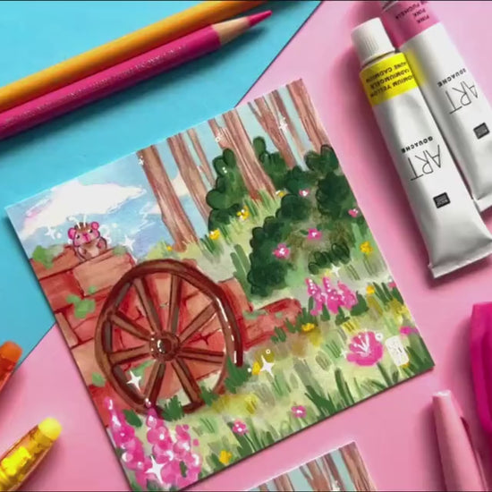 Serene Garden | Square Art Print | Hand Drawn Illustration, Home decor, cute, cozy, animal, guinea pig, floral art