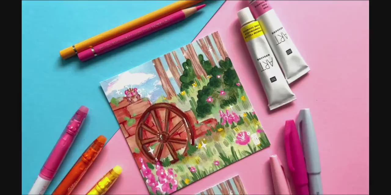 Serene Garden | Square Art Print | Hand Drawn Illustration, Home decor, cute, cozy, animal, guinea pig, floral art