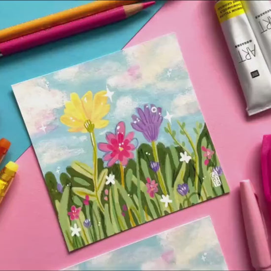Flower Meadow | Square Art Print | Hand Drawn Illustration, Home decor, cute, cozy, floral art, pastel aesthetic