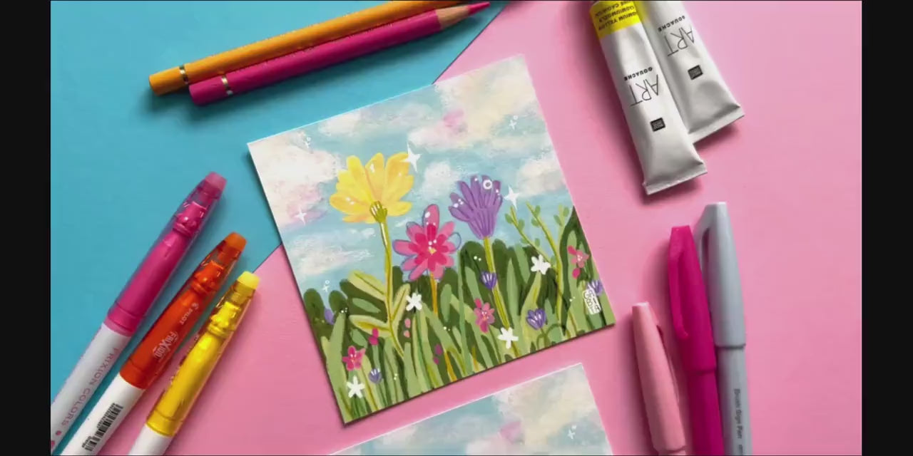 Flower Meadow | Square Art Print | Hand Drawn Illustration, Home decor, cute, cozy, floral art, pastel aesthetic