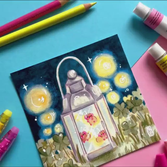 Glowing Fairy Pig Lamp | Square Art Print | Hand Drawn Illustration, Home decor, cute, cozy, animal, guinea pig, floral art