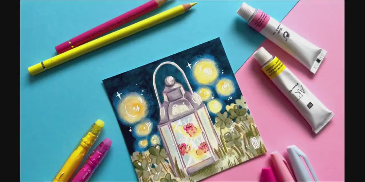 Glowing Fairy Pig Lamp | Square Art Print | Hand Drawn Illustration, Home decor, cute, cozy, animal, guinea pig, floral art