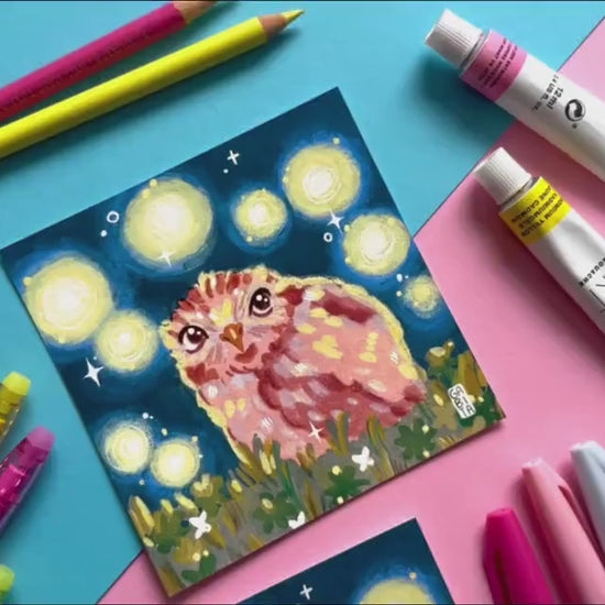 Cozy Night Owl | Square Art Print | Hand Drawn Illustration, Home decor, cute, cozy, animal, floral art