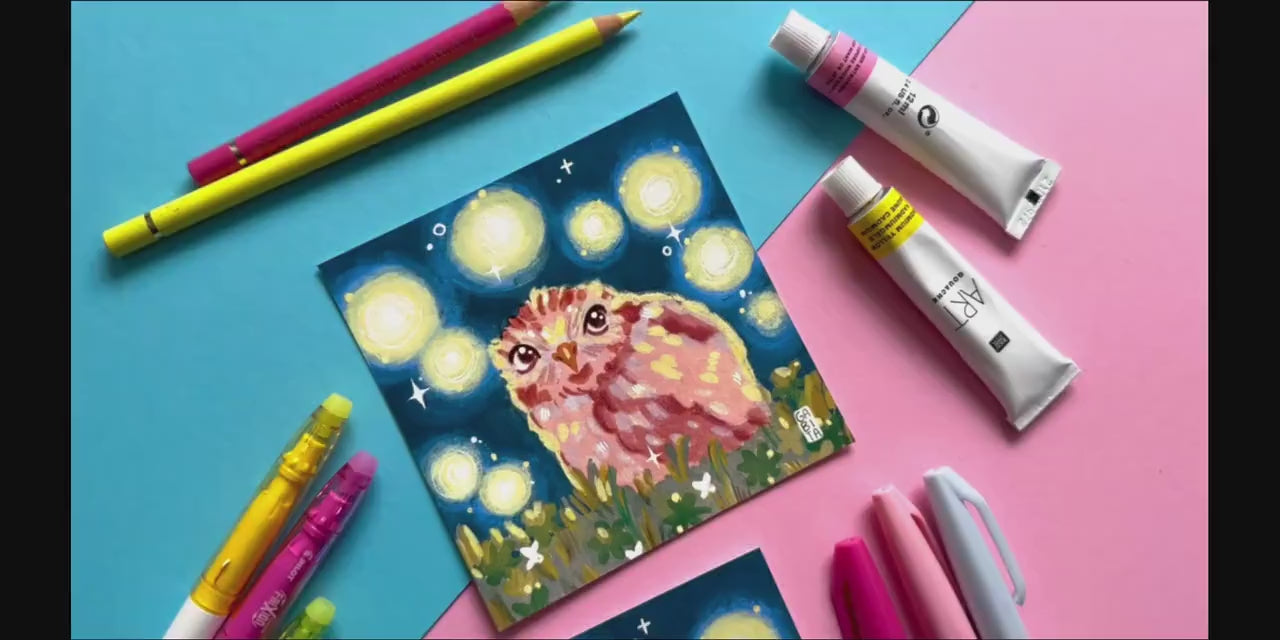 Cozy Night Owl | Square Art Print | Hand Drawn Illustration, Home decor, cute, cozy, animal, floral art