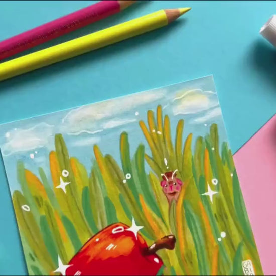 The perfect Apple | Square Art Print | Hand Drawn Illustration, Home decor, cute, cozy, animal, guinea pig, floral art