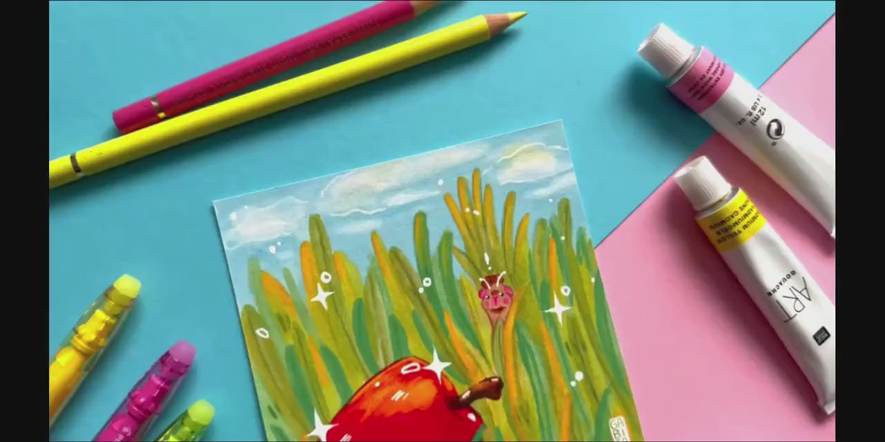 The perfect Apple | Square Art Print | Hand Drawn Illustration, Home decor, cute, cozy, animal, guinea pig, floral art