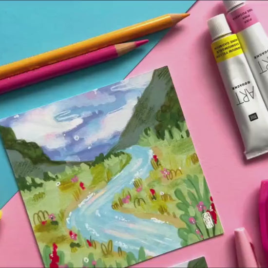 River Landscape | Square Art Print | Hand Drawn Illustration, Home decor, cute, cozy, floral art, astel aesthetic