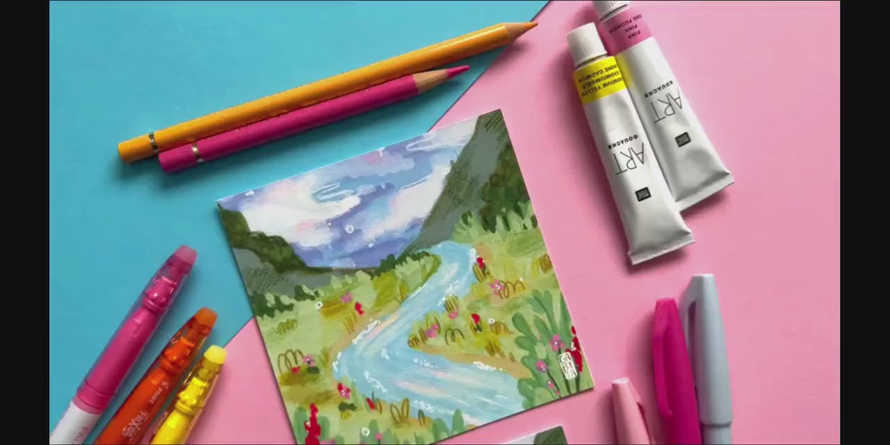 River Landscape | Square Art Print | Hand Drawn Illustration, Home decor, cute, cozy, floral art, astel aesthetic