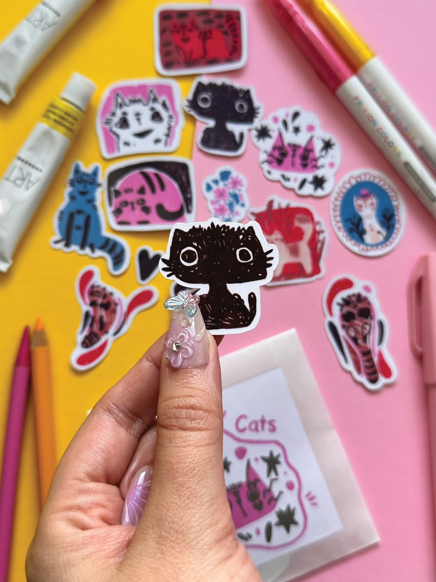Colorful Quirky Cat Sticker Pack - Handmade Kawaii Art for Cat Lovers