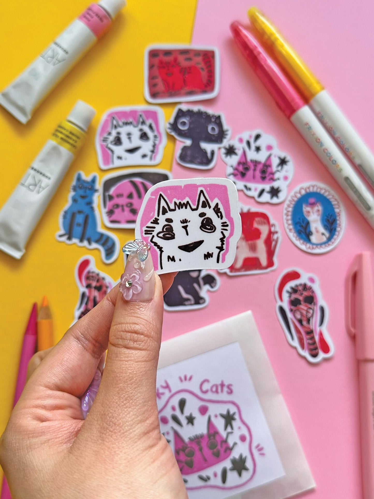 Colorful Quirky Cat Sticker Pack - Handmade Kawaii Art for Cat Lovers