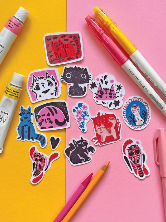 Colorful Quirky Cat Sticker Pack - Handmade Kawaii Art for Cat Lovers