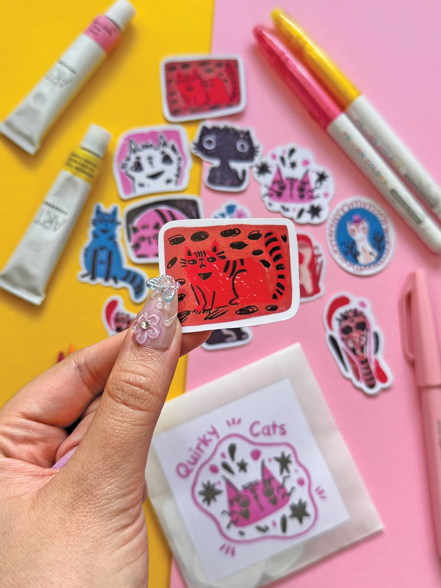 Colorful Quirky Cat Sticker Pack - Handmade Kawaii Art for Cat Lovers