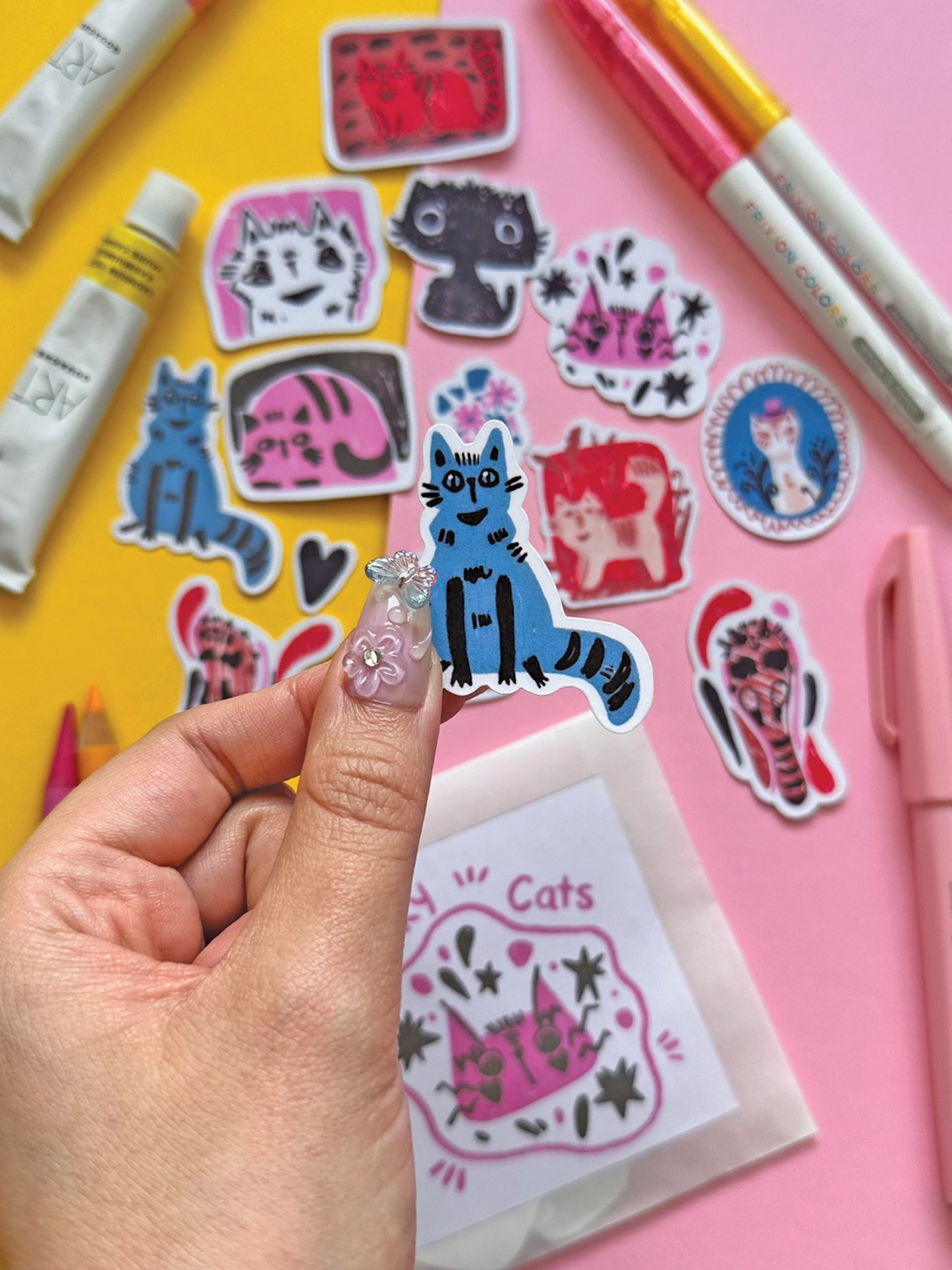 Colorful Quirky Cat Sticker Pack - Handmade Kawaii Art for Cat Lovers