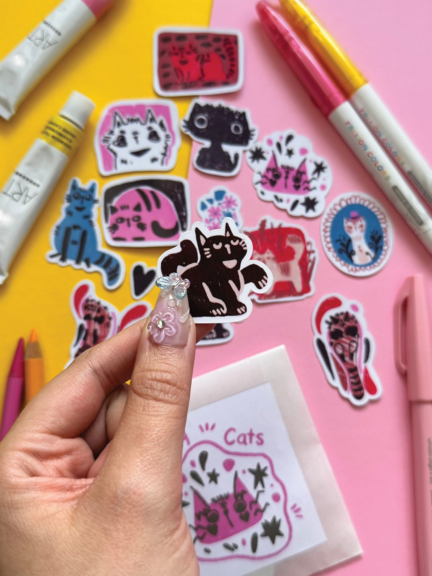 Colorful Quirky Cat Sticker Pack - Handmade Kawaii Art for Cat Lovers
