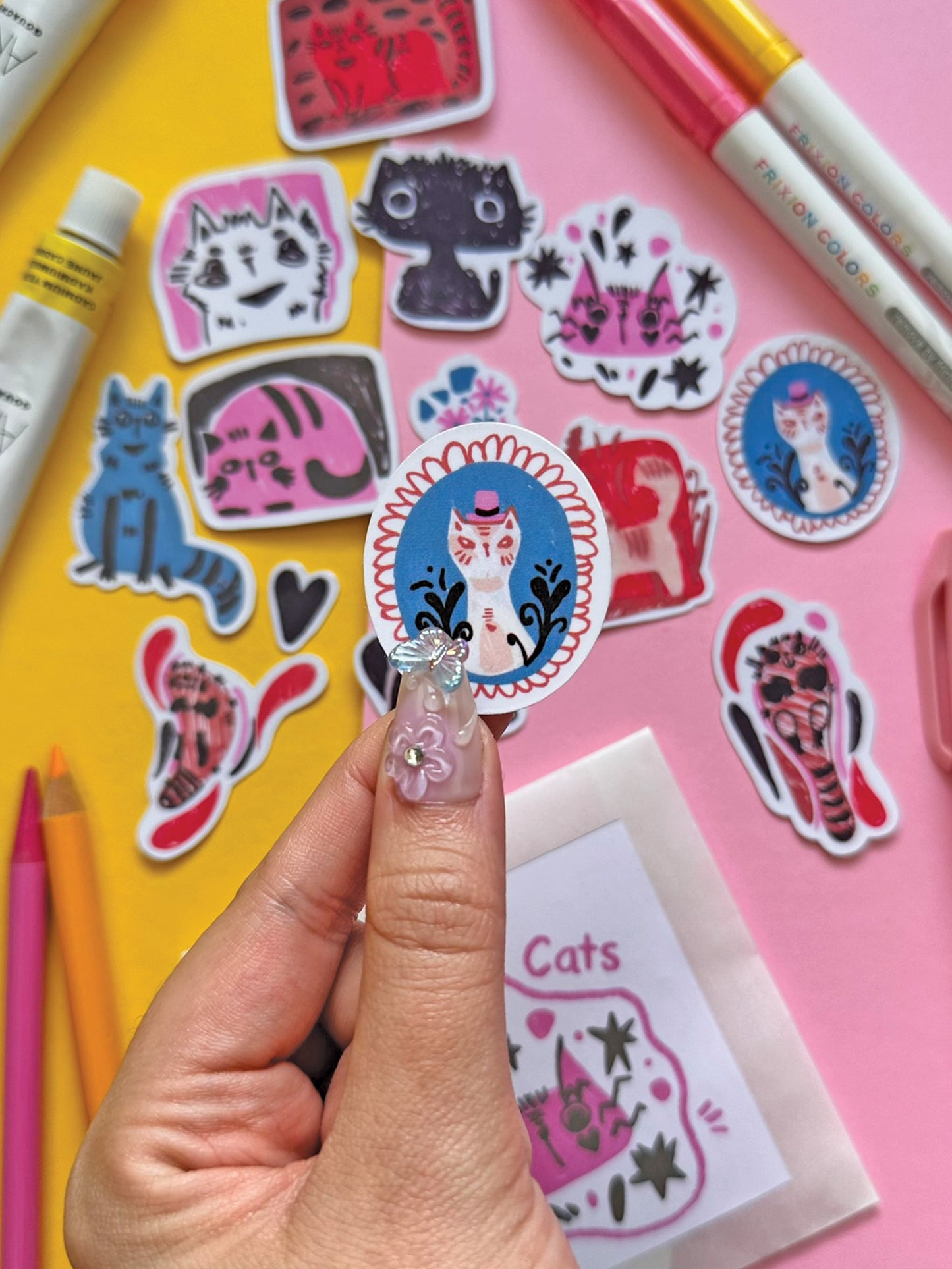 Colorful Quirky Cat Sticker Pack - Handmade Kawaii Art for Cat Lovers