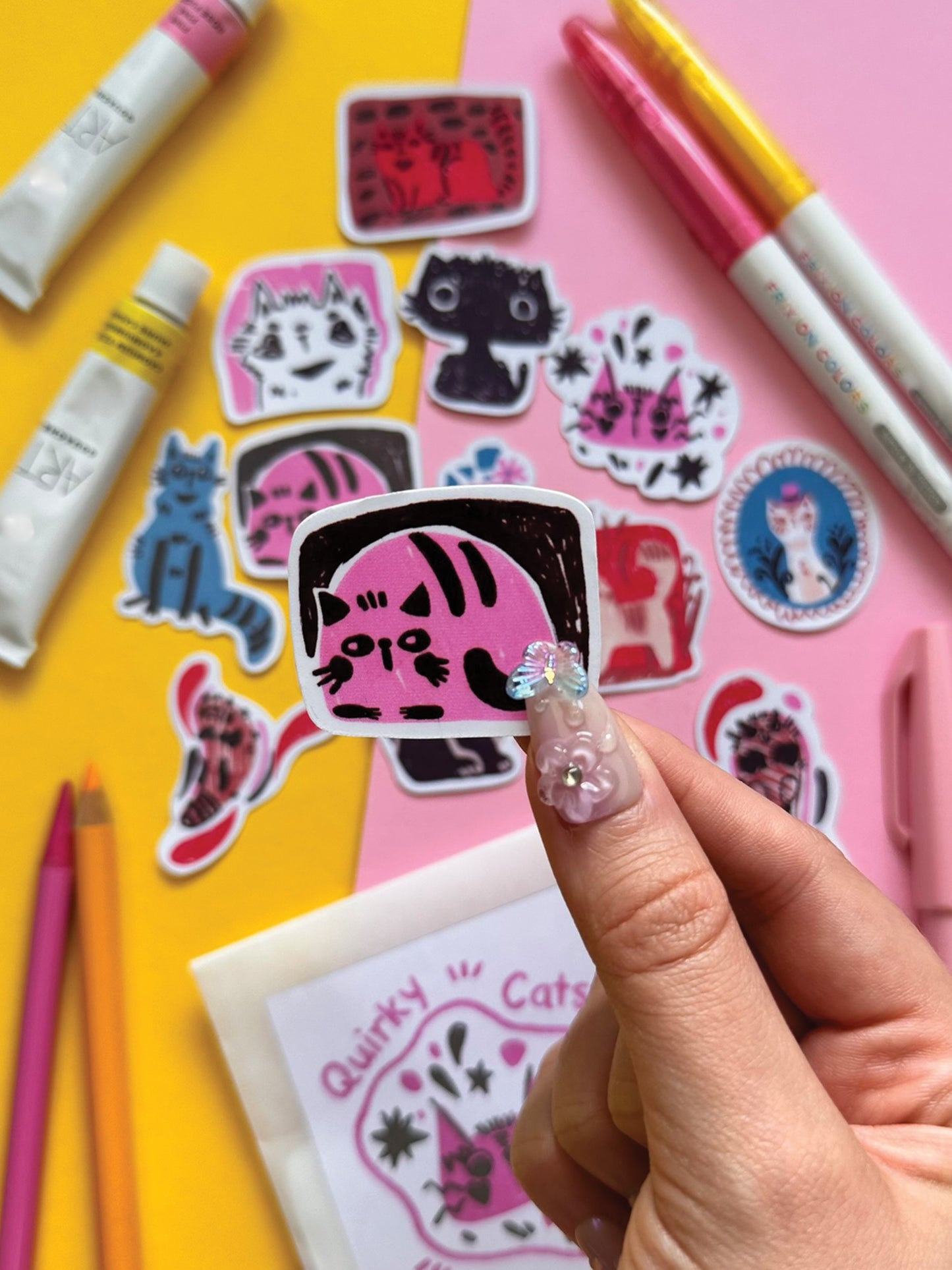Colorful Quirky Cat Sticker Pack - Handmade Kawaii Art for Cat Lovers