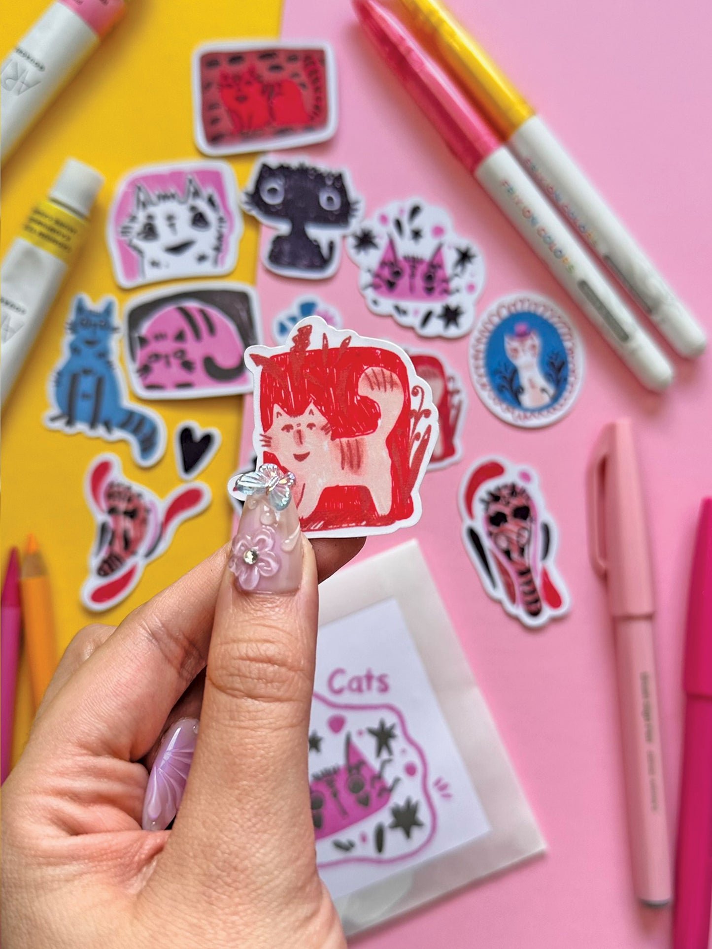 Colorful Quirky Cat Sticker Pack - Handmade Kawaii Art for Cat Lovers