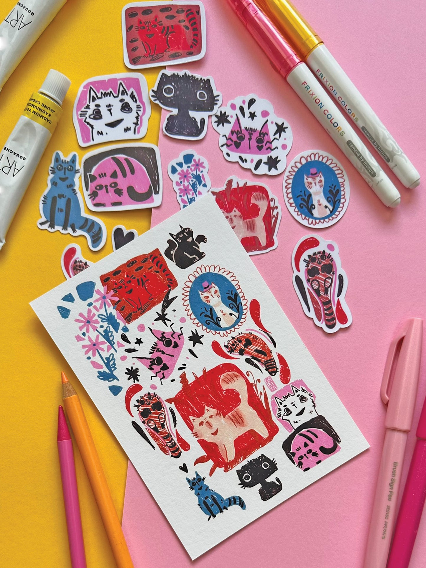 Colorful Quirky Cats A6 Art Print on Fine Art Paper- Adorable Hand-Drawn Illustration - Kawaii Cat Lover Gift