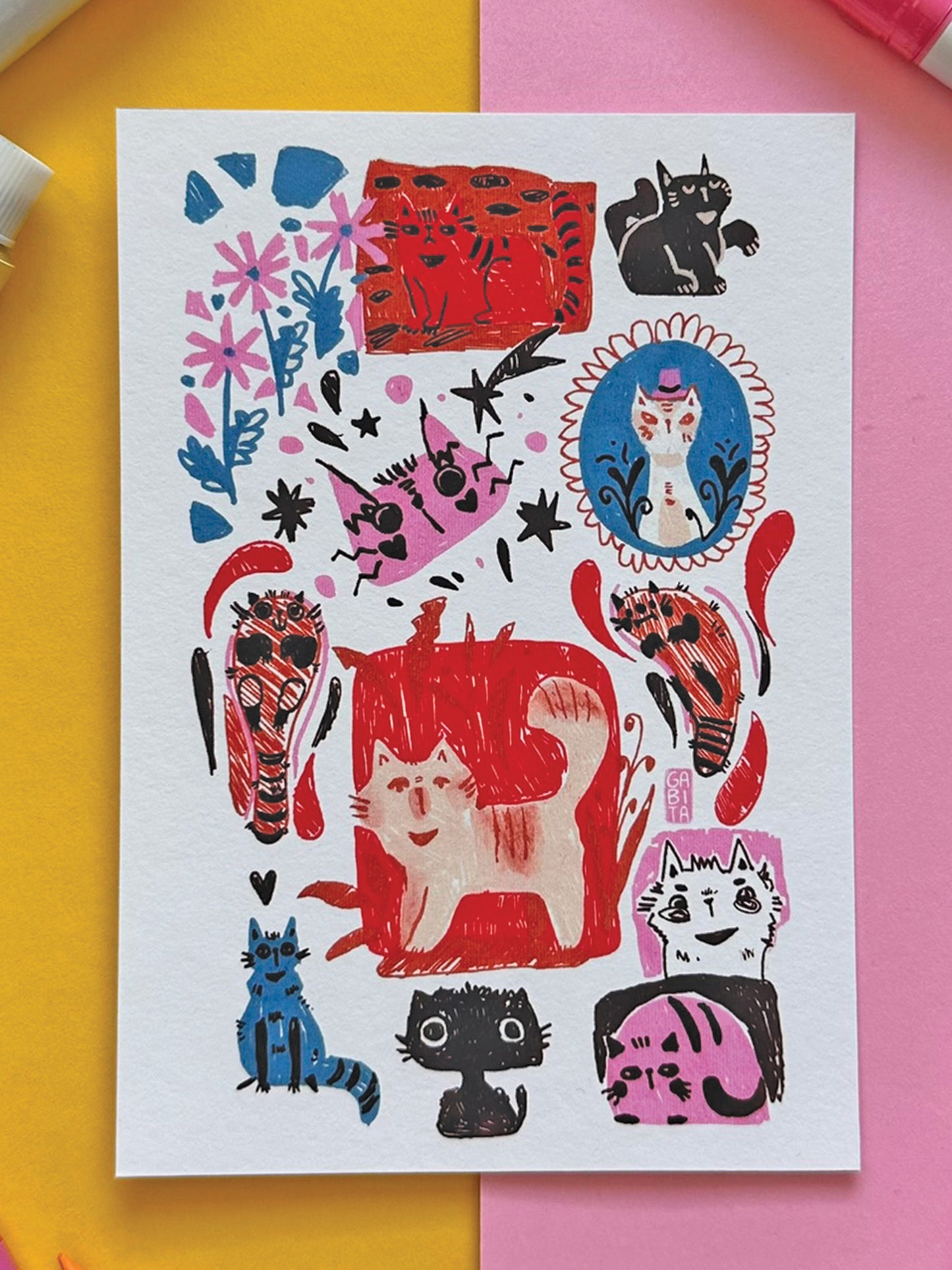 Colorful Quirky Cats A6 Art Print on Fine Art Paper- Adorable Hand-Drawn Illustration - Kawaii Cat Lover Gift