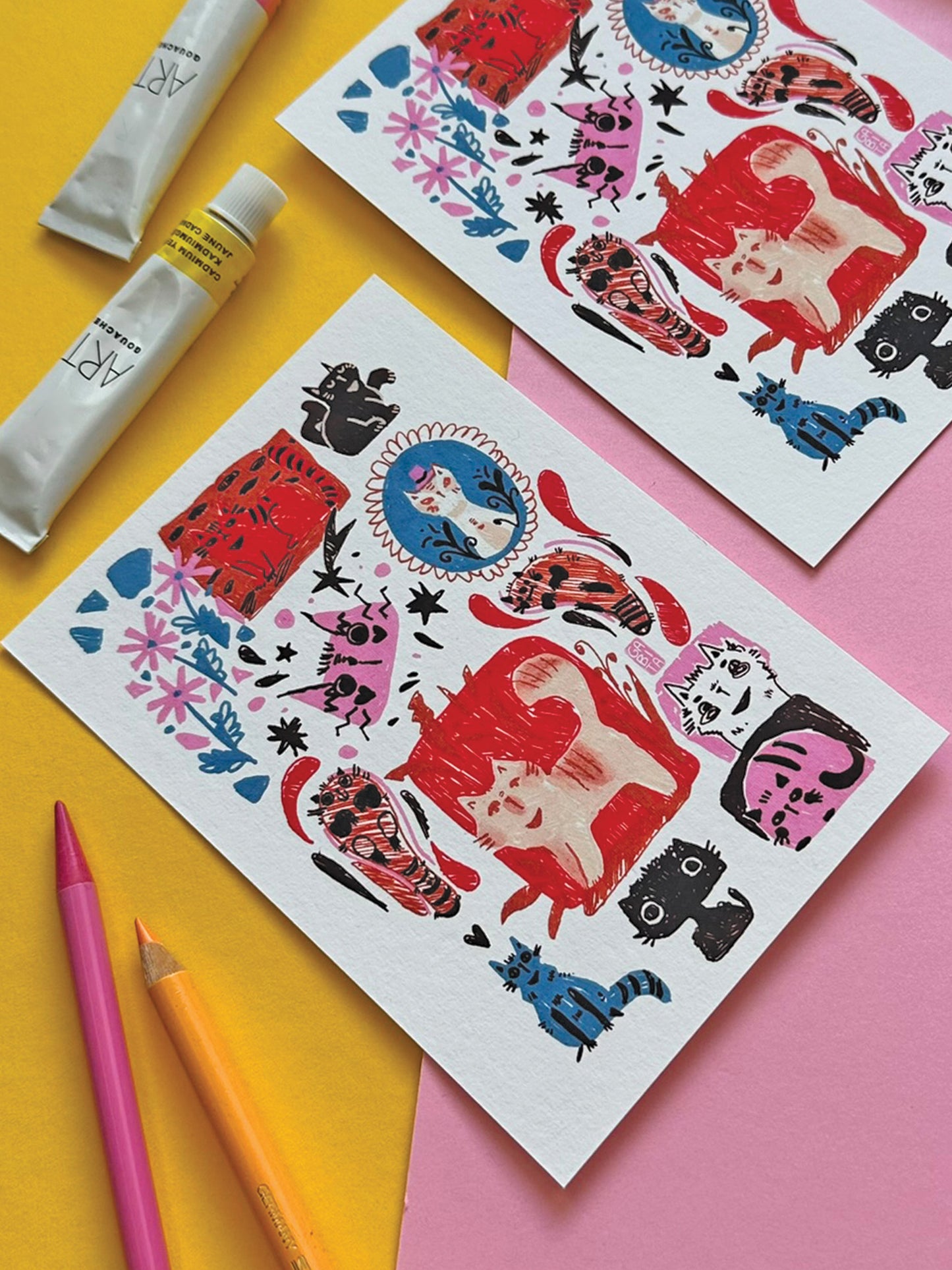 Colorful Quirky Cats A6 Art Print on Fine Art Paper- Adorable Hand-Drawn Illustration - Kawaii Cat Lover Gift