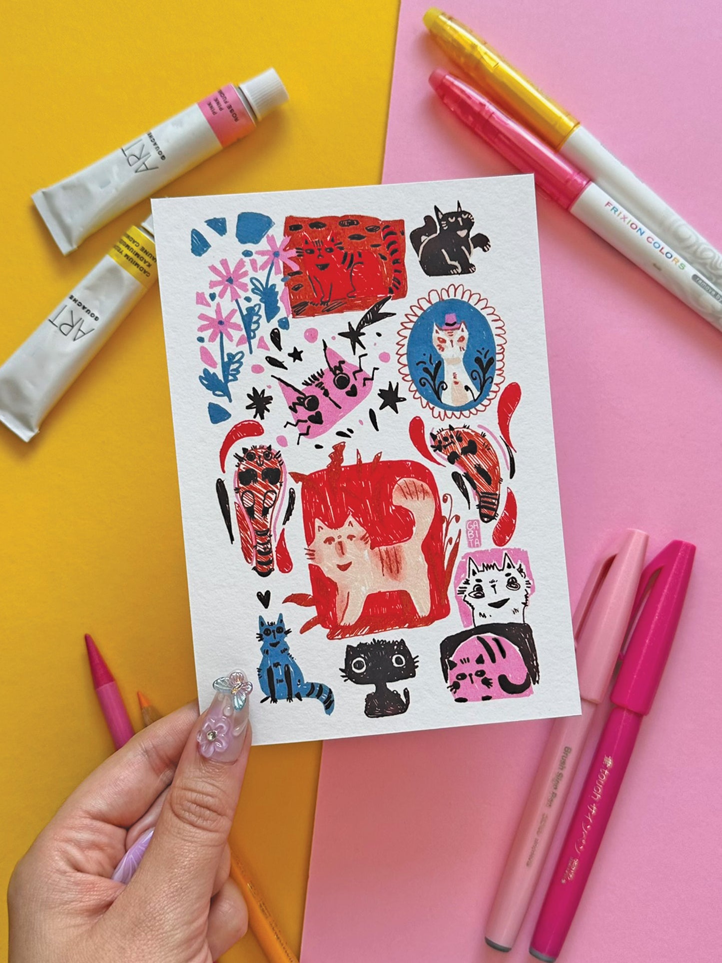 Colorful Quirky Cats A6 Art Print on Fine Art Paper- Adorable Hand-Drawn Illustration - Kawaii Cat Lover Gift